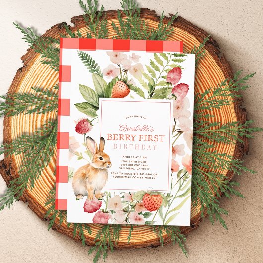 Invitation Fraises et baies de lapin Premier 1er anniversaire