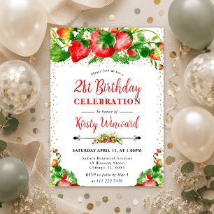 Invitation Fraises et fleurs aquarelle 21e anniversaire