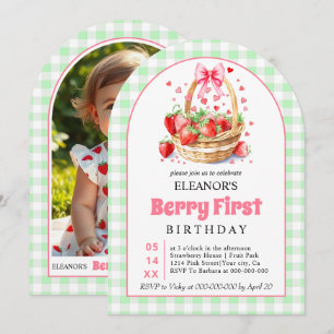 Invitation Fraises gingham vert Premier anniversaire de Berry