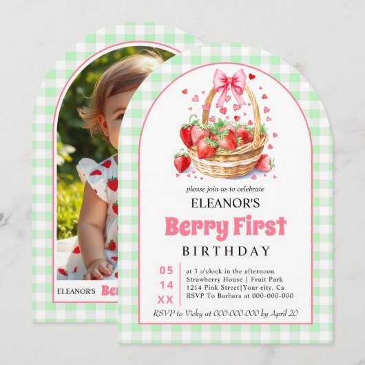 Invitation Fraises gingham vert Premier anniversaire de Berry (Devant / Derrière)