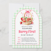 Invitation Fraises gingham vert Premier anniversaire de Berry (Devant)