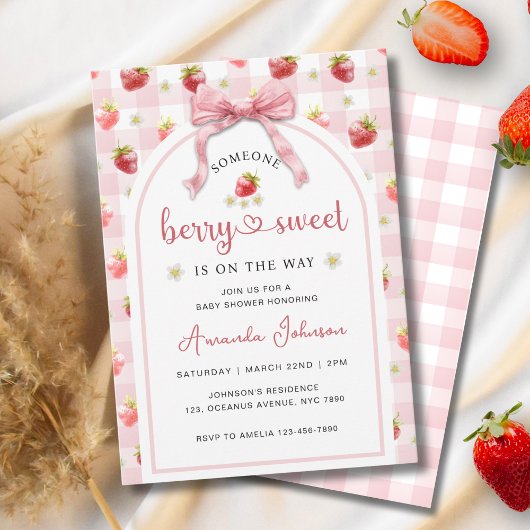 Invitation Fraises Ribbon Berry Baby shower rose doux