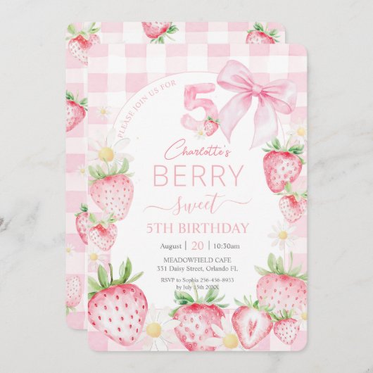 Invitation Fraises rose mignonne Berry Sweet 5e anniversaire (Devant / Derrière)