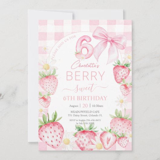 Invitation Fraises rose mignonne Berry Sweet 6e anniversaire (Devant)