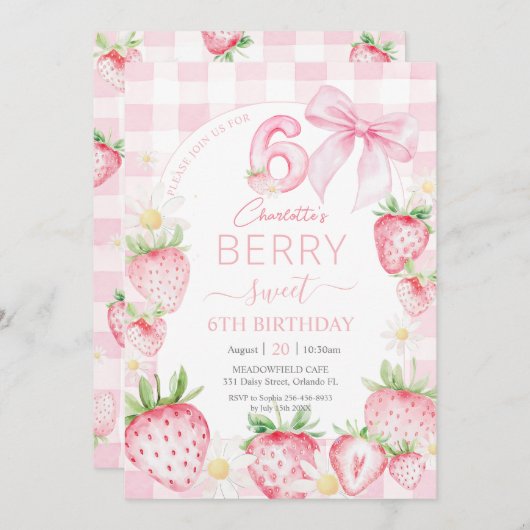 Invitation Fraises rose mignonne Berry Sweet 6e anniversaire (Devant / Derrière)