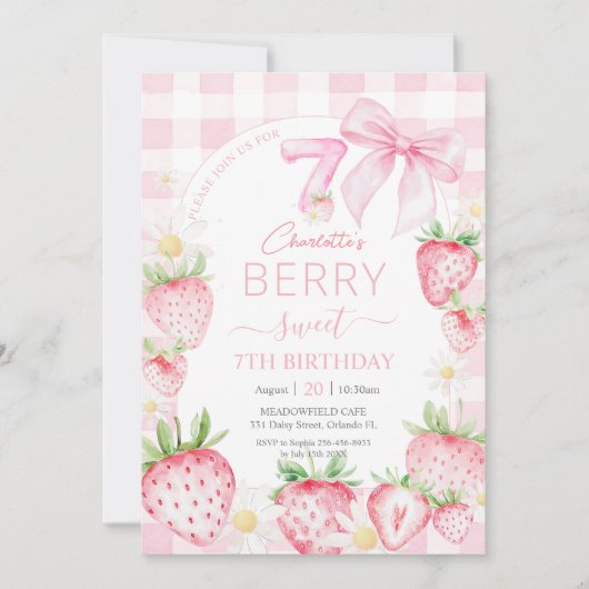 Invitation Fraises rose mignonne Berry Sweet 7e anniversaire (Devant)