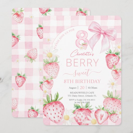 Invitation Fraises rose mignonne Berry Sweet 8e anniversaire (Devant / Derrière)