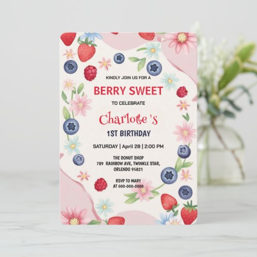 Invitation Fraises rouges 1ère fête d'anniversaire pour enfan (Debout devant)