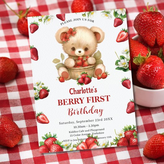 Invitation Fraises rouges Bear Berry Premier 1er anniversaire