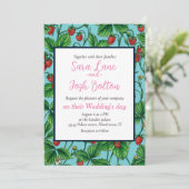 Invitation Fraises sauvages sur bleu piscine (Debout devant)