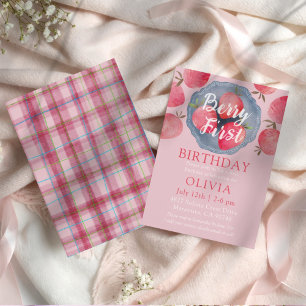 Invitation Fraisier Rose Fantaisie 1er Anniversaire Aquarelle
