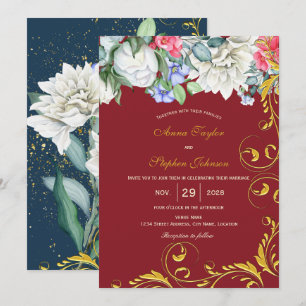 Invitation Framboise Blanc Bleu Rose Doré Tourbillons Botaniq
