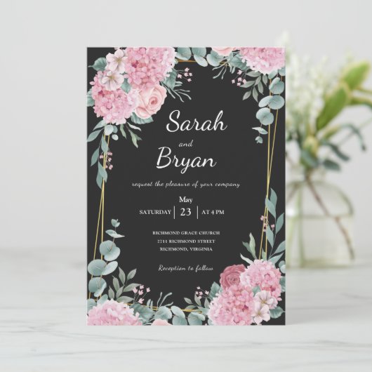 Invitation Frame Boho Rose Noir Floral Mariage élégant (Debout devant)