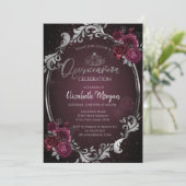 Invitation Frame d'argent Bourgogne Roses Dark Quinceañera (Debout devant)