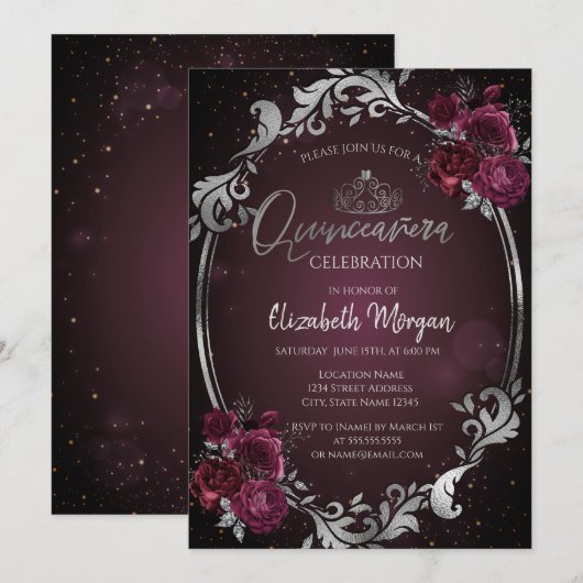 Invitation Frame d'argent Bourgogne Roses Dark Quinceañera (Devant / Derrière)