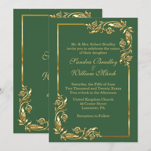Invitation Frame d'or Elegant chasseur vert avec impression o (Devant / Derrière)
