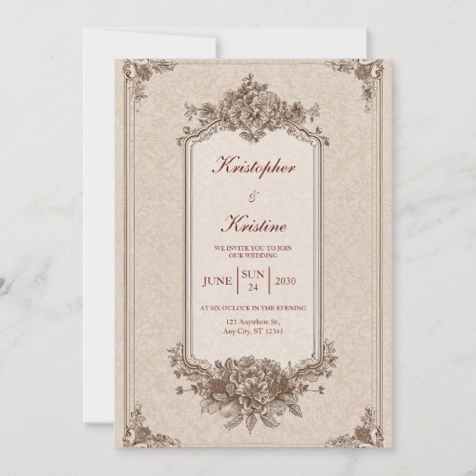 Invitation Frame Floral victorien Mariage élégant (Devant)