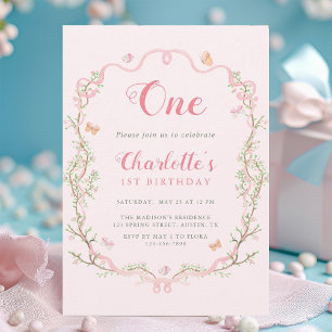 Invitation Frame Florale en fleurs rose 1er anniversaire