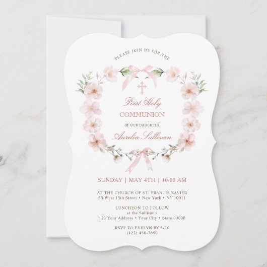 Invitation Frame florale rose rousse Première communion saint (Devant)