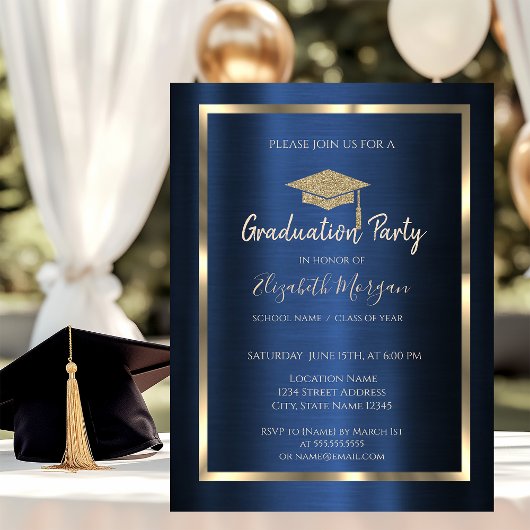 Invitation  Frame Gold Grad Cap Navy Blue Metallic