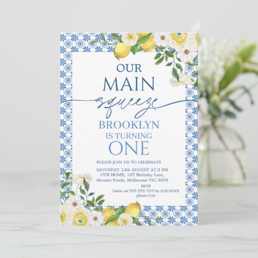 Invitation Frame Jaune Floral Lemon Main Squeeze Anniversaire (Debout devant)