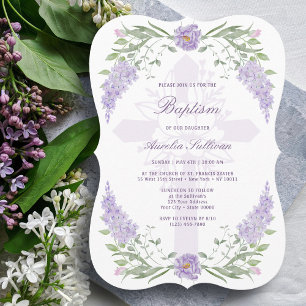 Invitation Frame Lavande Florale Croix Sainte Baptême