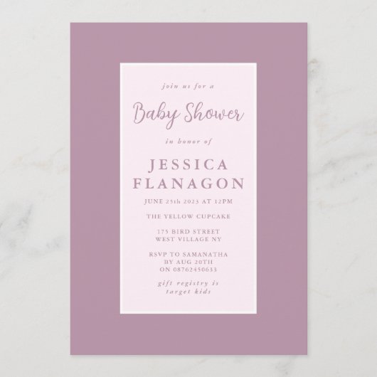 Invitation Frame modifiable Bordure rose violet Baby shower f (Devant)
