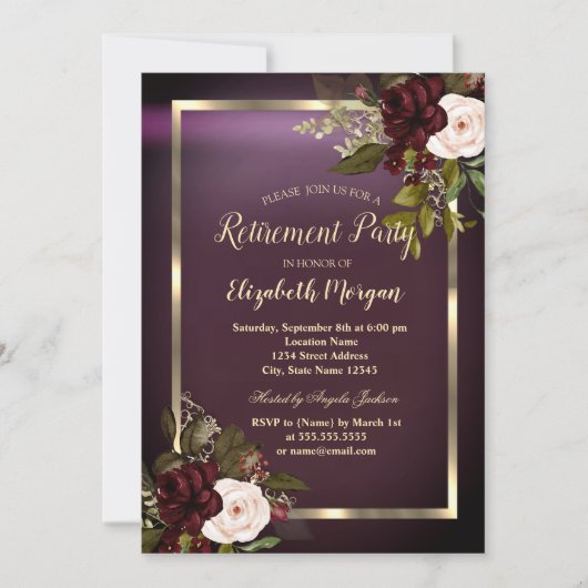 Invitation Frame Or Festive Bourgogne Retraite Rose (Devant)
