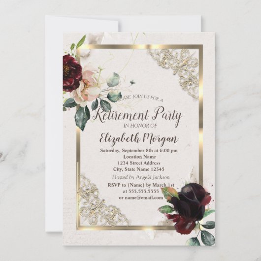 Invitation Frame Or Fleurs Bourgogne, Retraite Confetti (Devant)