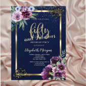Invitation Frame Or Violet Fleurs Bleu 50e Anniversaire