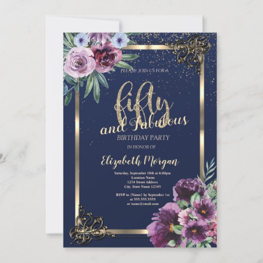 Invitation Frame Or Violet Fleurs Bleu 50e Anniversaire (Devant)