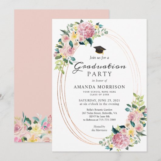 Invitation Frame Ovale moderne Pastel Floral Graduation Party (Devant / Derrière)