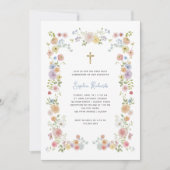 Invitation Frame Pastel floral et Croix d'or Première communi (Devant)