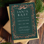 Invitation Frame Père Noël Baby shower vert Red Winterberry<br><div class="desc">Cette élégante invitation au baby shower présente un cadre de baies rouge aquarelle avec un arc rouge charmant et une typographie élégante. Pour une personnalisation plus avancée de cette conception,  cliquez sur le lien "Bouton Outil de conception".</div>