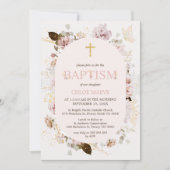 Invitation Frame rose Filles Boho Floral Baptême Christening (Devant)