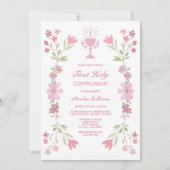 Invitation Frame rose Floral Première Communion sainte (Devant)