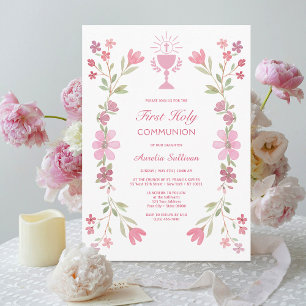 Invitation Frame rose Floral Première Communion sainte
