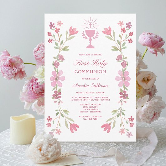 Invitation Frame rose Floral Première Communion sainte