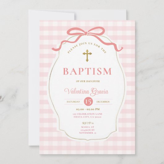 Invitation Frame rose Frame Frontière Fille Baptême Croix (Devant)