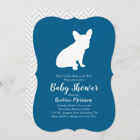 Invitation Français Baby shower Bulldog Français Frenchie Blu (Devant / Derrière)