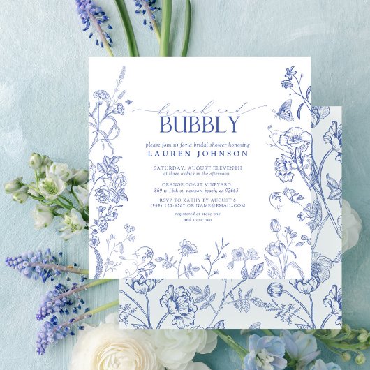 Invitation Français Bleu & Blanc Floral Brunch & Douche Bubbl