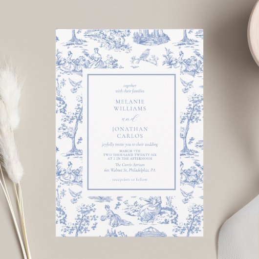 Invitation Français Bleu Vintage Toile Mariage classique