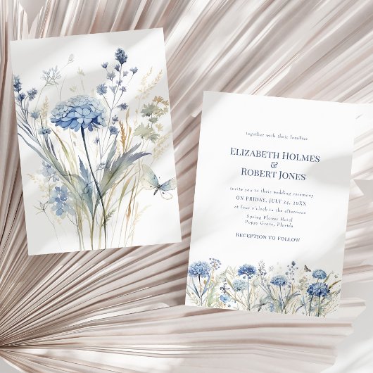 Invitation Français Blue Aquarelle Jardin Fleur sauvage Maria