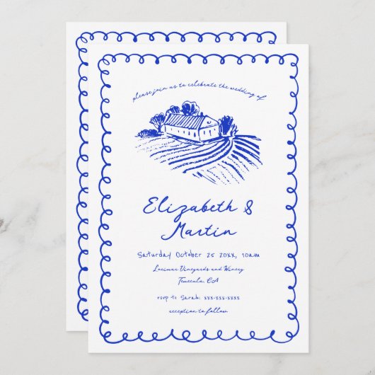 Invitation Français Blue Main tiré Funky Vineyard Mariage (Devant / Derrière)