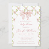 Invitation Français Rose Roses Bow Printemps bébé fille Douch (Devant)