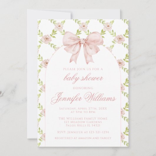 Invitation Français Rose Roses Bow Printemps bébé fille Douch (Devant)