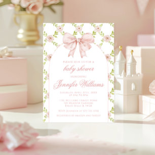 Invitation Français Rose Roses Bow Printemps bébé fille Douch
