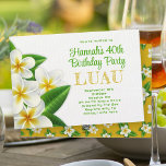 Invitation Frangipani Hawaiian Luau<br><div class="desc">Invitations d'anniversaire avec un thème luau. Les fleurs Hawaiiennes blanches avec feuilles verts est la conception sur le papier blanc, avec des mises à niveau optionnelles et téléchargement disponible. Customisez du texte vert avec des informations de partie en utilisant des polices modernes. Les fleurs frangipaniennes, aussi appelées plumeria, ont des...</div>