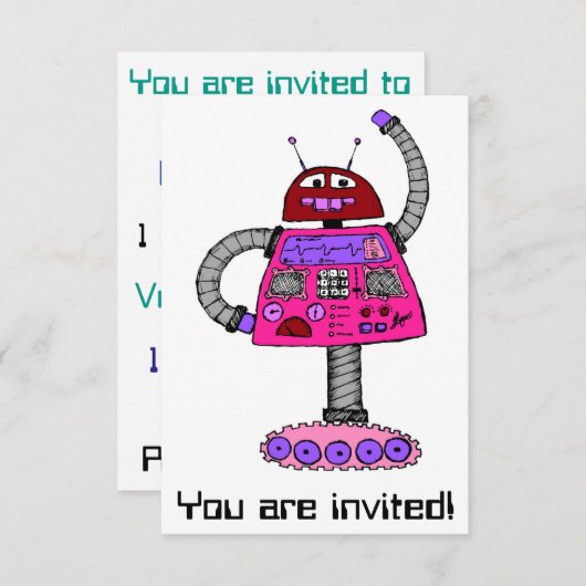 Invitation Frankie Robot : Rose sur blanc (Devant / Derrière)