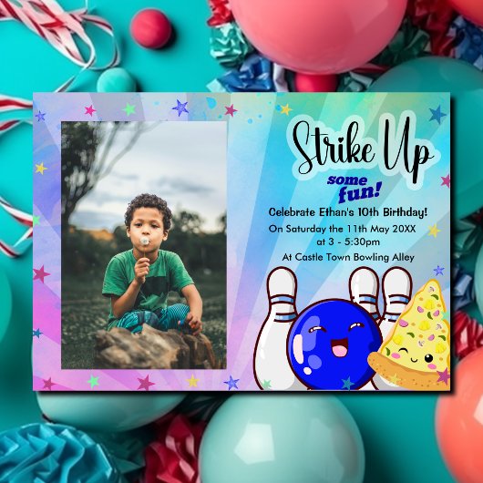 Invitation Frappe bleue, amusons-nous au bowling avec photo